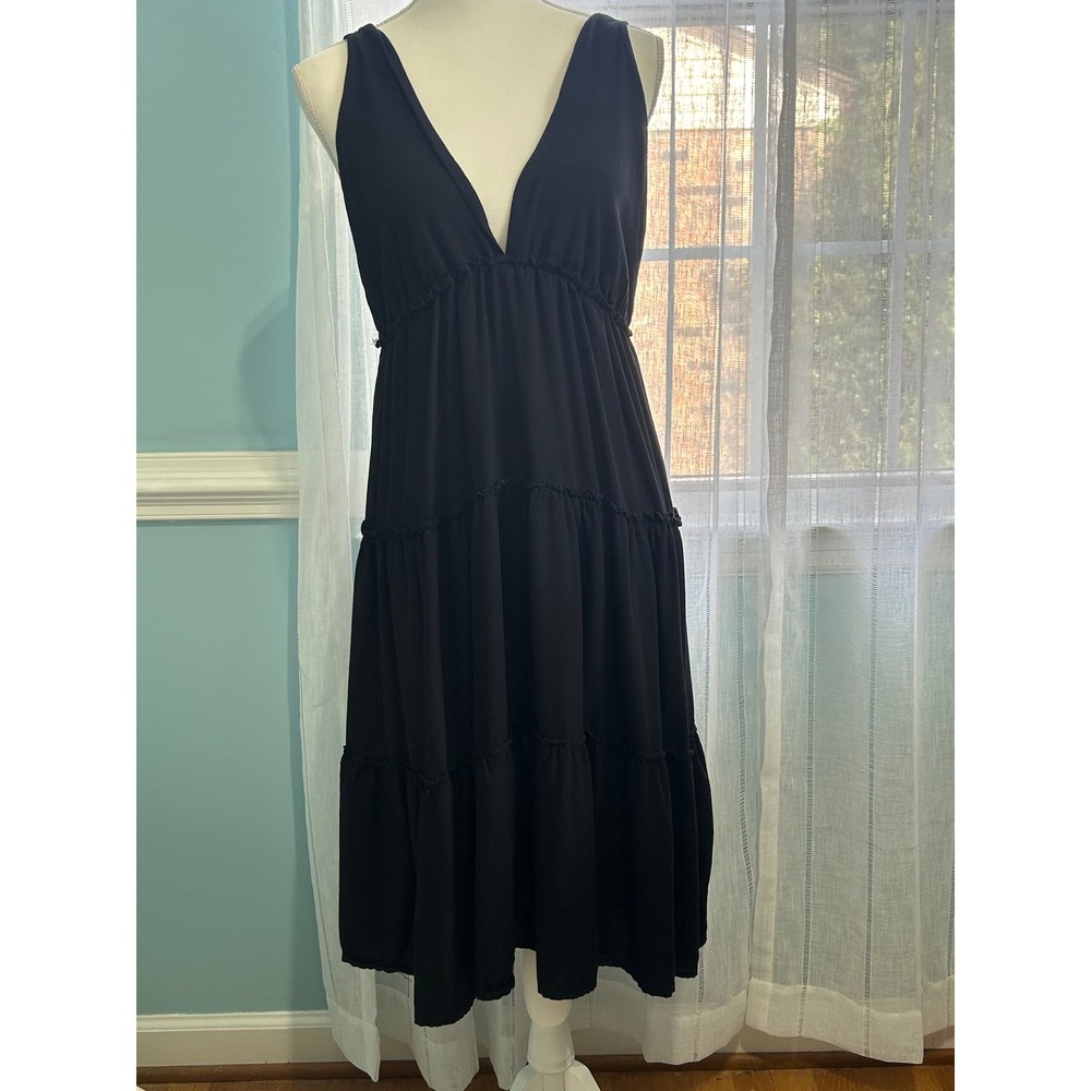 Raviya Black Tiered‎ Midi Dress Womens Large V-Neck Sleeveless Empire Waist Boho